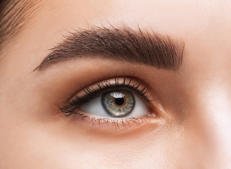 Close-up of a woman's eye with beautifully shaped powder brows and soft shaded eyebrow makeup, created at CC Styling Studio in Bradenton, Florida