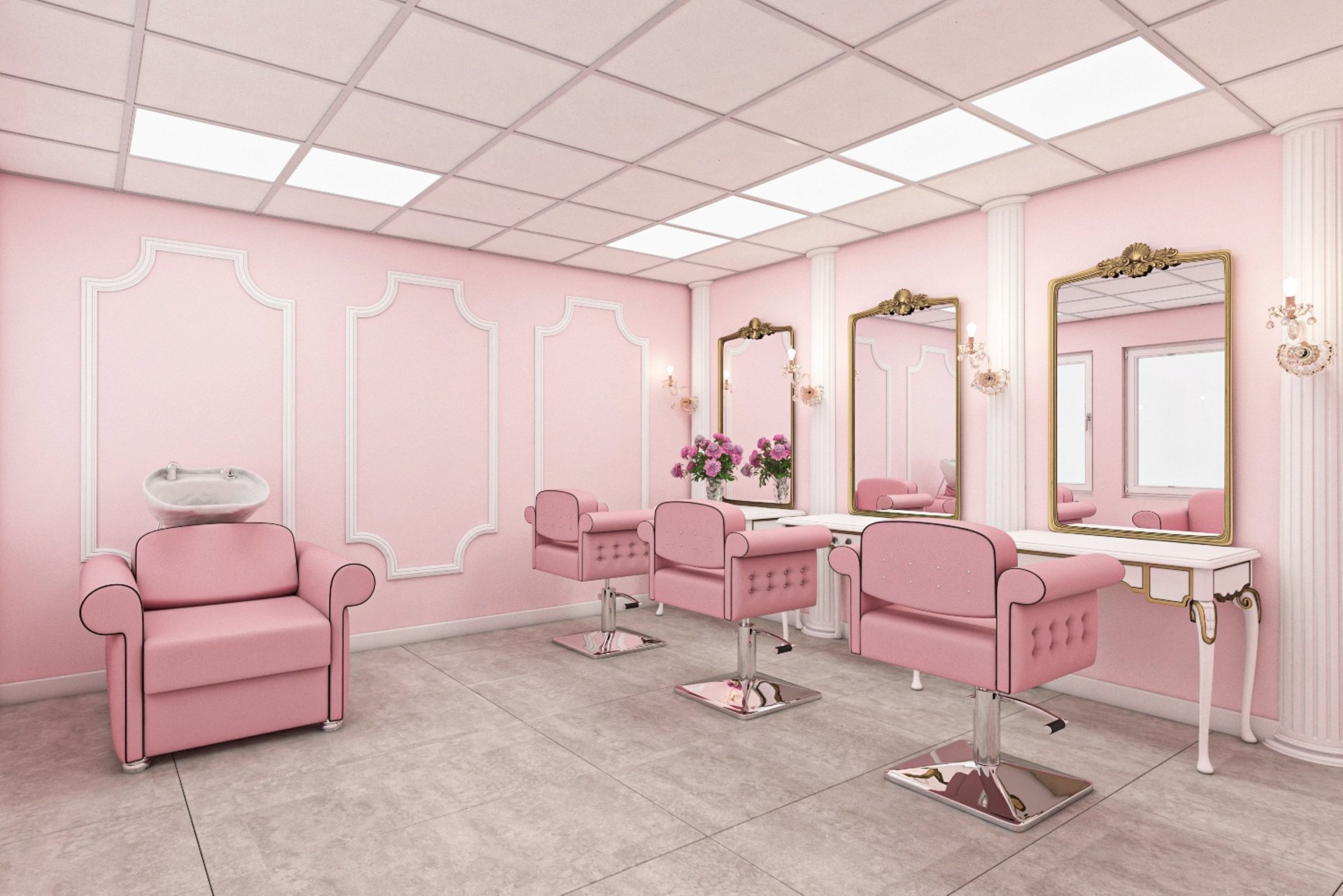 Glamorous pink and silver permanent makeup studio interior at CC Styling Studio serving Sarasota FL