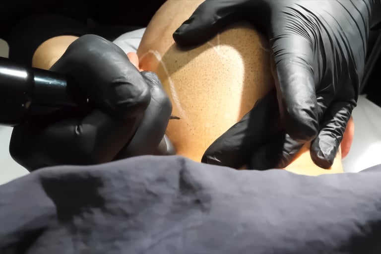 Professional permanent makeup artist wearing black medical gloves working with a fine needle