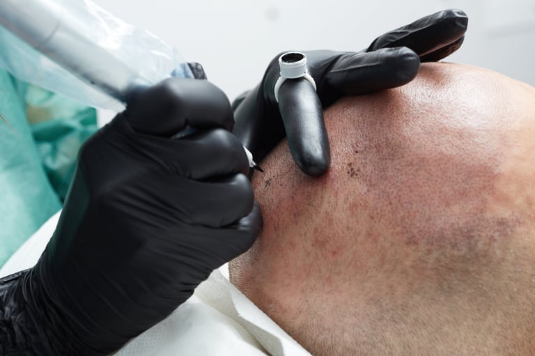 Cosmetologist performing scalp micropigmentation on a man's scalp to create the appearance of natural hair follicles