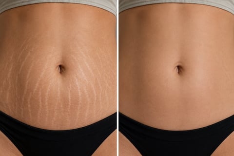 Before and after comparison of abdomen showing stretch mark reduction treatment results