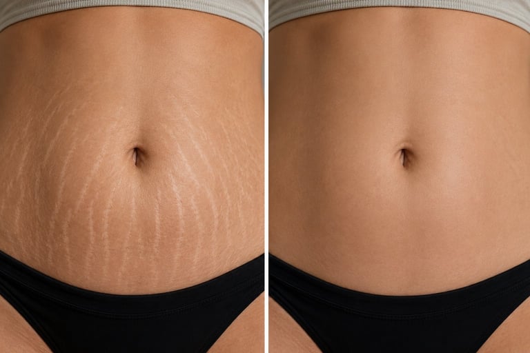 Before and after comparison of abdomen showing stretch mark reduction treatment results