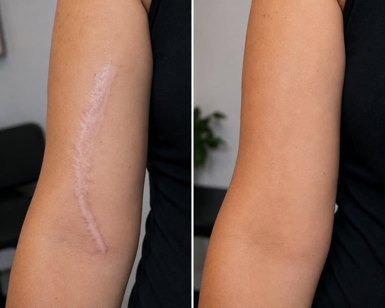 Before and after comparison of scar treatment on forearm, showing reduced appearance of surgical scar