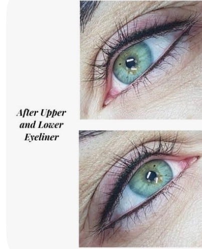 Before and after eyeliner makeup application on green eyes showing upper and lower eyeliner results