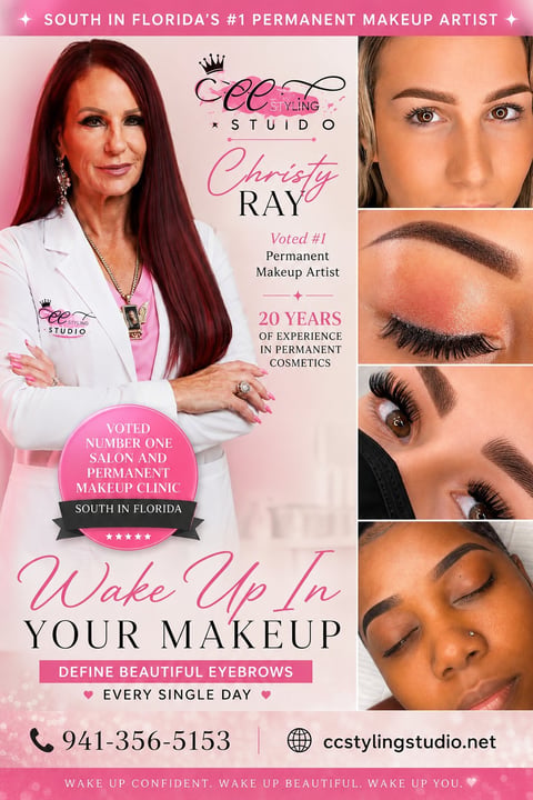 Professional flyer for Christy Ray, a permanent makeup artist in South Florida, featuring eyebrow and makeup examples
