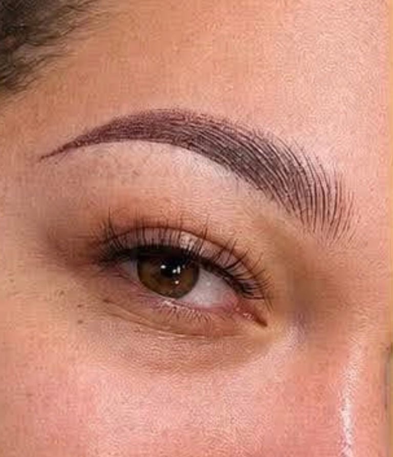 Microshading permanent eyebrow with hair strokes at the front and shading at the end — natural, defined brow and lash close-up at CC Styling Studio in Bradenton, FL