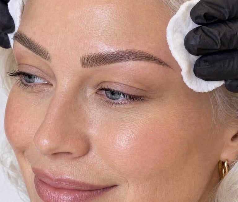 Microshading permanent eyebrow treatment with hair strokes at the front and shading at the end — client in the studio at CC Styling Studio in Bradenton, FL