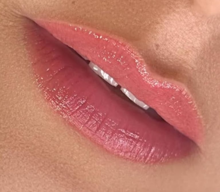 Close-up of lips with gradient pink and mauve lipstick glossy finish with defined edges at CC Styling Studio Bradenton FL