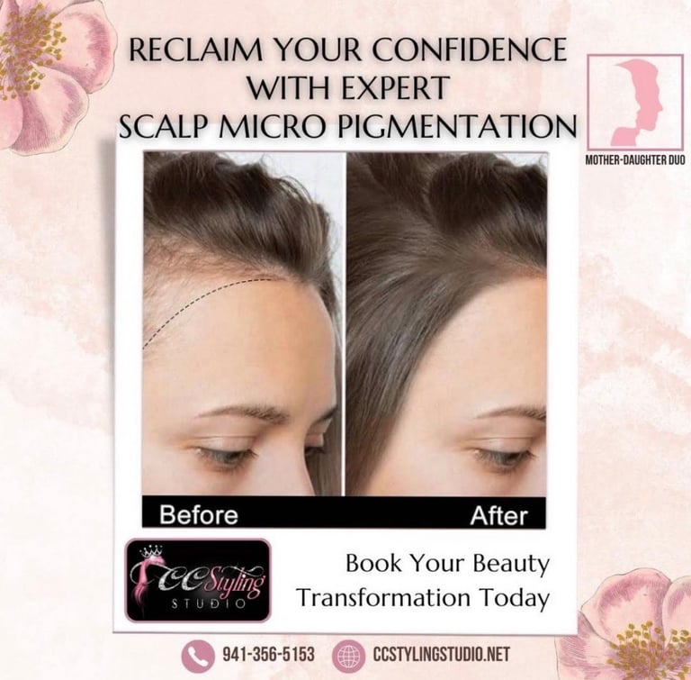Before and after scalp micropigmentation results showing hairline restoration on a female client at CC Styling Studio Bradenton FL