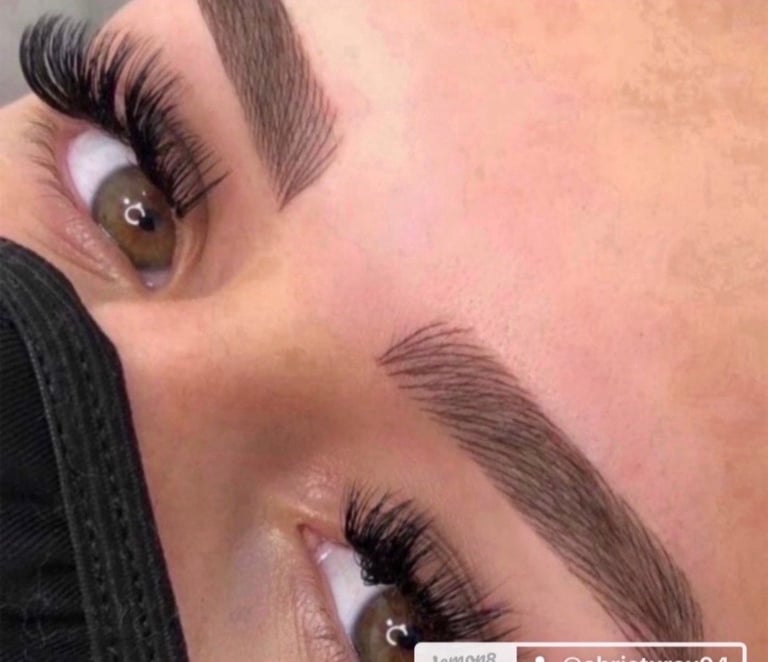 Close-up of a persons face showing professionally groomed eyebrows and voluminous black false eyelashes with brown eyes