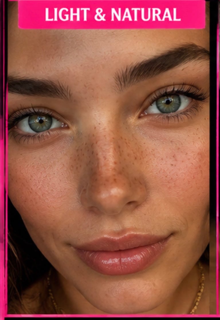 Woman with light natural makeup, freckles, green eyes, and defined eyebrows looking at camera