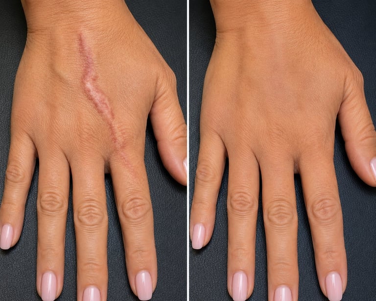 Before and after comparison of a hand showing scar revision results on the top of the hand