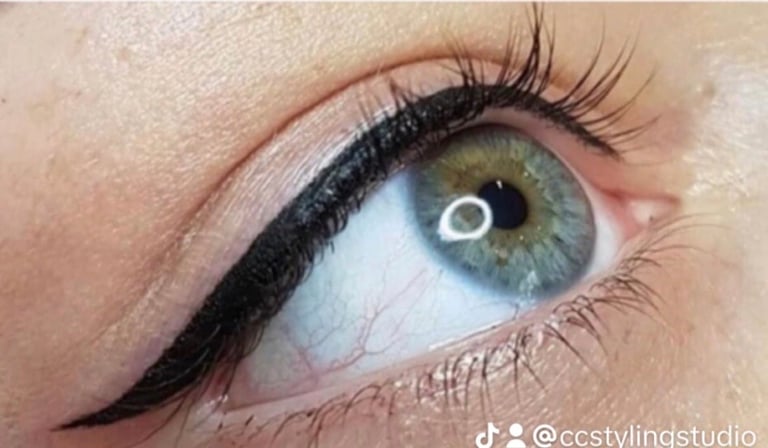 Close-up of a womans eye with green-hazel iris, black winged eyeliner, and defined lashes against fair skin at CC Styling Studio Bradenton FL