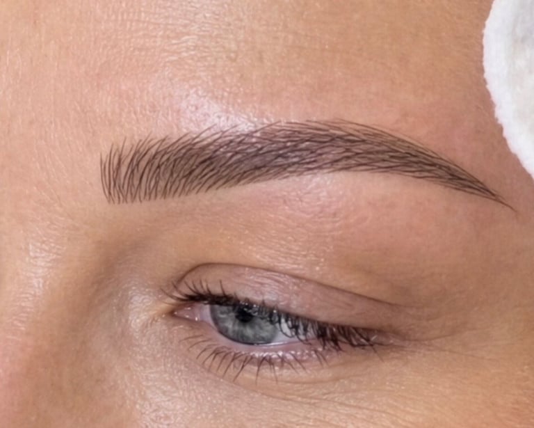 Microshading permanent eyebrow with hair strokes at the front and shading at the end — groomed, defined brow close-up at CC Styling Studio in Bradenton, FL