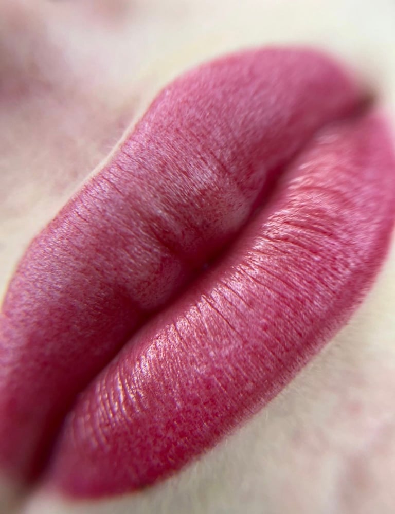 Close-up of lips with rich magenta pink lipstick applied showing texture and shine against a neutral skin tone background at CC Styling Studio