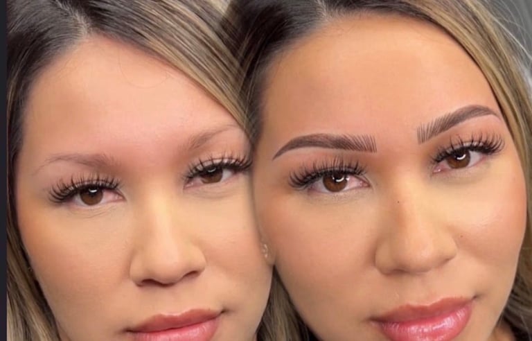 Two women with styled eyebrows and long eyelashes posing for a close-up headshot photograph