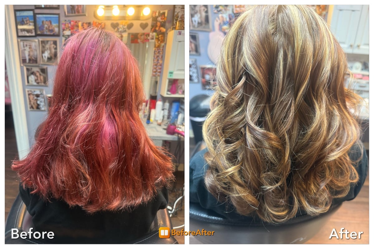 Color correction hair transformation from deep red hair to blonde highlights, full before and after view, at CC Styling Studio Bradenton