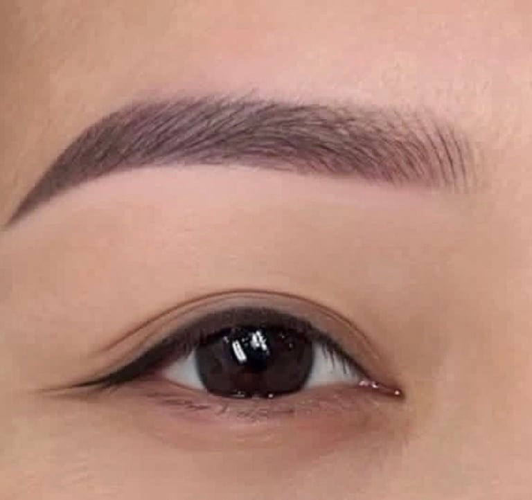 Combination permanent eyebrows with individual hair strokes at the front and soft shading at the tail — natural gray-taupe brow result at CC Styling Studio in Bradenton, FL