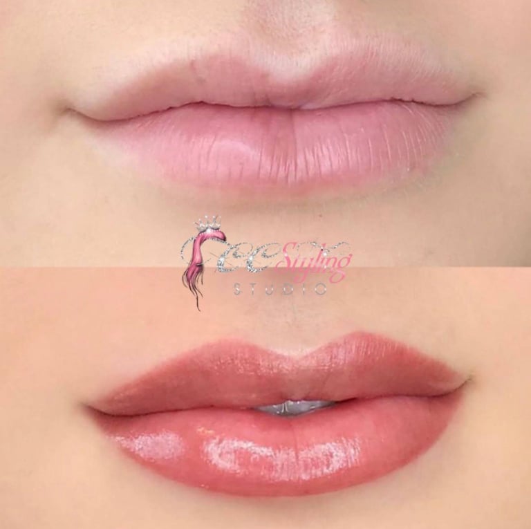 Before and after comparison of lip transformation showing natural nude pink lips above and fuller glossy rose pink lips below at CC Styling Studio