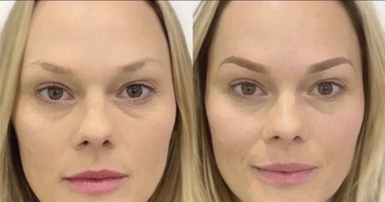 Before and after high arched powder brows showing a lifted, defined brow shape with softly blended shading at CC Styling Studio in Bradenton, FL