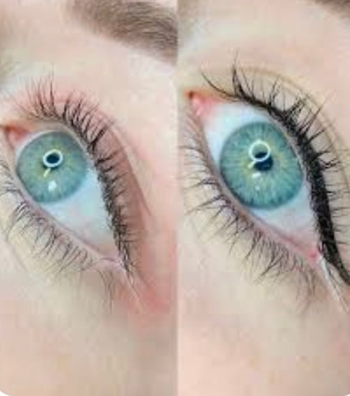 Close-up comparison of blue eyes with dark mascara and natural eyebrows, shown side by side