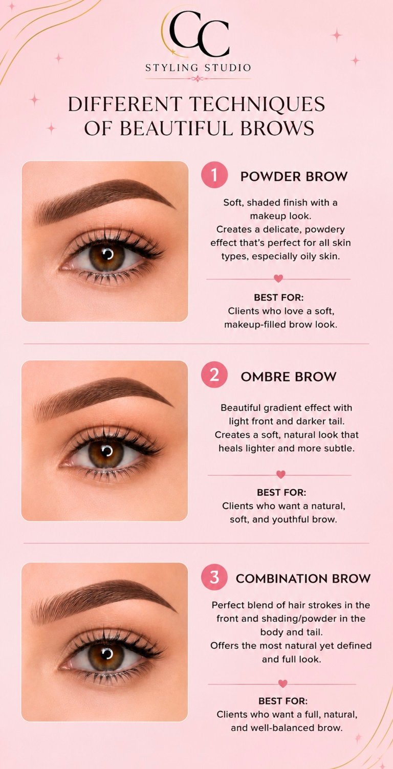 CC Styling Studio guide showing three eyebrow techniques: powder brow, ombre brow, and combination brow with descriptions