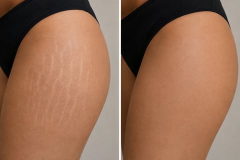 Before and after comparison of skin showing stretch mark reduction treatment results on thigh