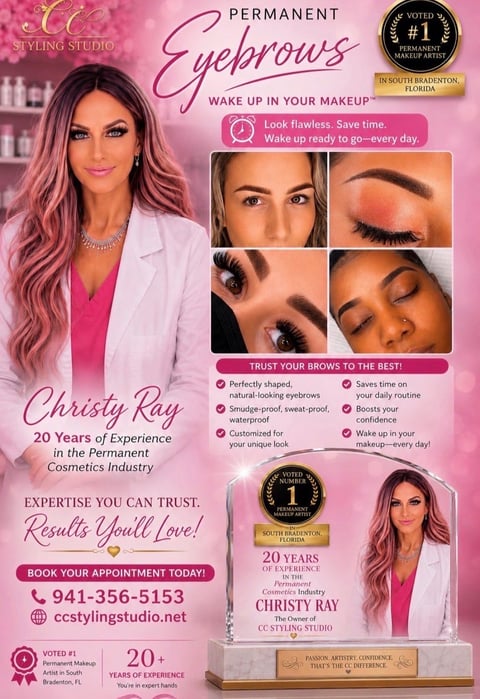 Advertisement for permanent eyebrow services by Christy Ray, featuring before and after eyebrow photos and the owners portrait with contact information.