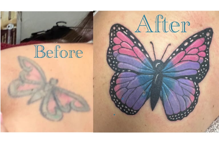 Before and after butterfly tattoo cover-up comparison showing faded original design and vibrant purple and pink butterfly rework