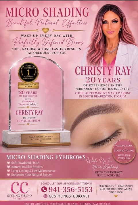 Microshading eyebrow advertisement featuring Christy Ray with 20 years experience, award-winning crystal trophy, and before/after brow photos on pink background