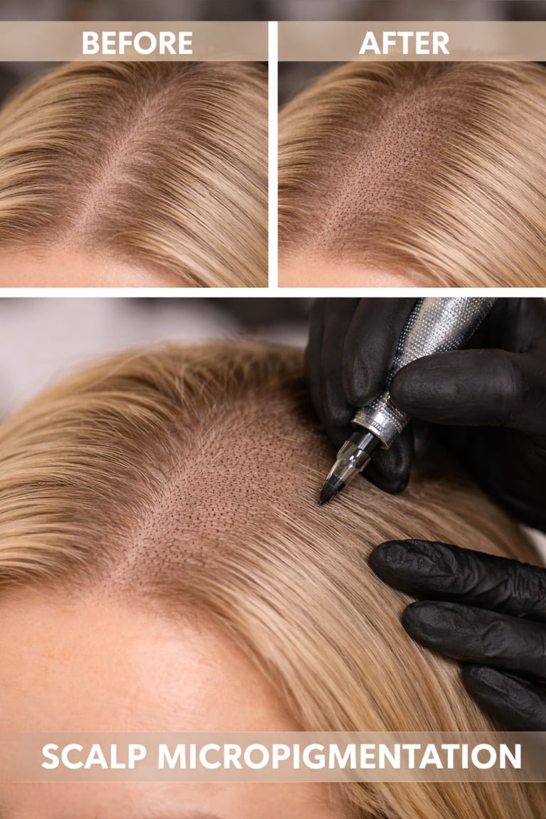 Before and after scalp micropigmentation treatment showing hair density improvement on scalp with visible tattooing procedure at CC Styling Studio