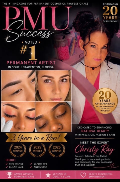 PMU Success magazine cover featuring Christy Ray, voted #1 permanent artist in South Bradenton, Florida, celebrating 20 years of experience