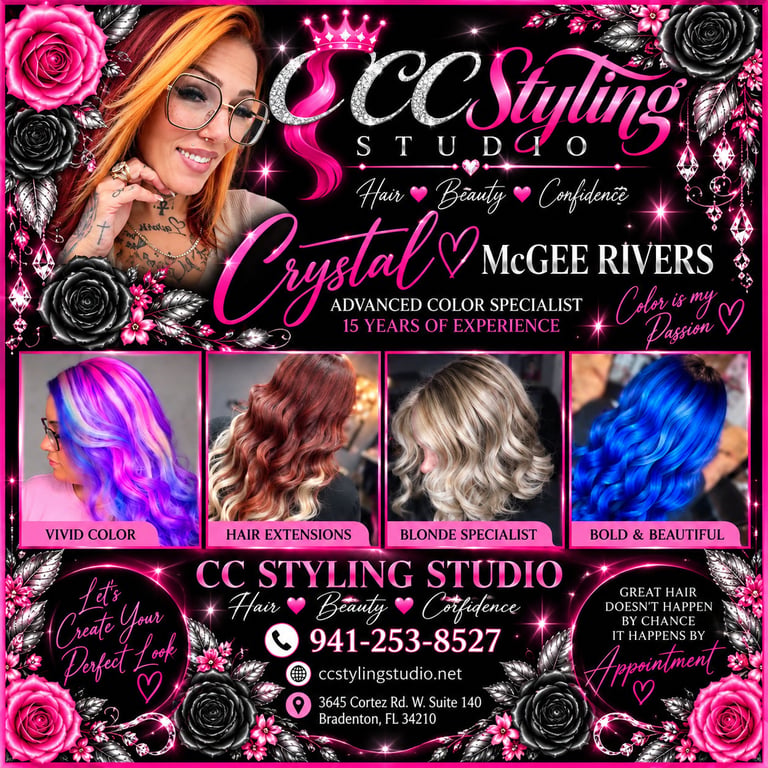 CCS Styling Studio advertisement featuring Crystal McGee, hair and beauty specialist with 15 years experience, contact details and services shown