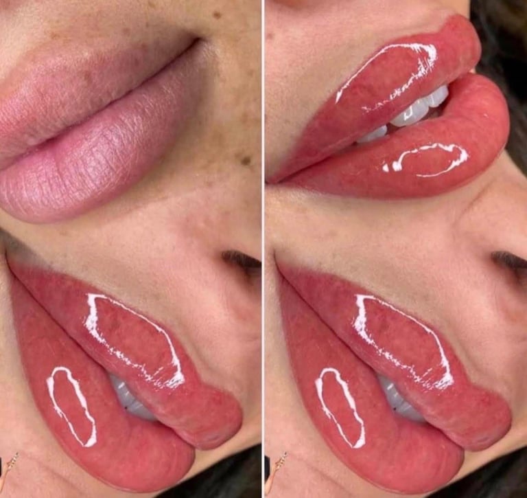 Before and after lip tint application showing natural pink lips on left and deeper mauve-red tinted lips with glossy finish on right at CC Styling Studio