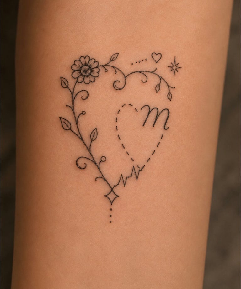 Fine line tattoo on arm featuring a heart with letter m inside, decorated with flowing vine, flower, star, and dotted details