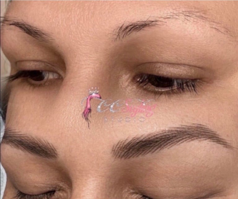 Before and after microbladed eyebrows showing fine hair-stroke detail for fuller, naturally shaped brows at CC Styling Studio in Bradenton, FL