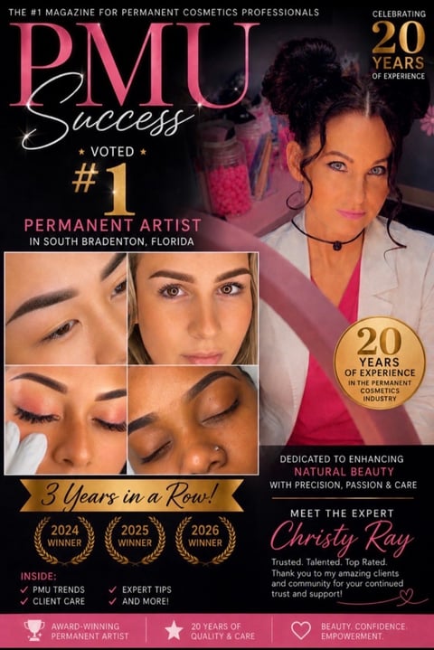 PMU Success magazine cover featuring permanent artist Christy Ray celebrating 20 years of experience with eyebrow and makeup techniques