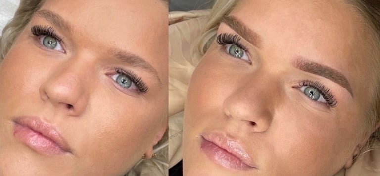 Before and after ombré powder brows showing enhanced eyebrow shape and soft blended shading on both sides at CC Styling Studio in Bradenton, FL