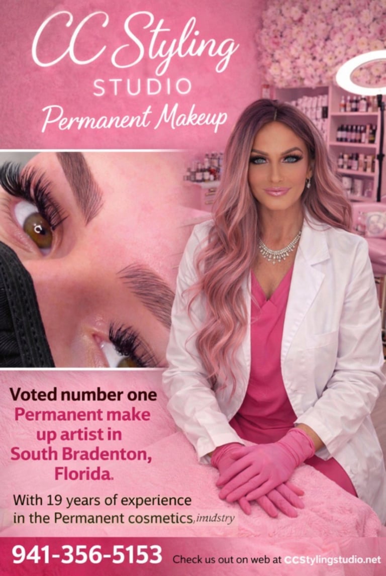 CC Styling Studio owner Christy Ray in pink blazer and top standing in salon with neon sign advertising permanent makeup services in South Bradenton, Florida