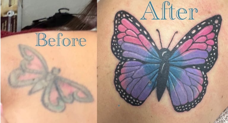 Before and after tattoo comparison showing a faded butterfly design transformed into a vibrant purple and pink butterfly with enhanced detail