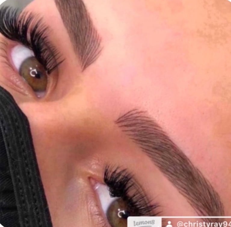 Microshaded permanent eyebrow with beautiful natural-looking strokes shaded into a darker brown at the end — soft, defined brow at CC Styling Studio in Bradenton, FL