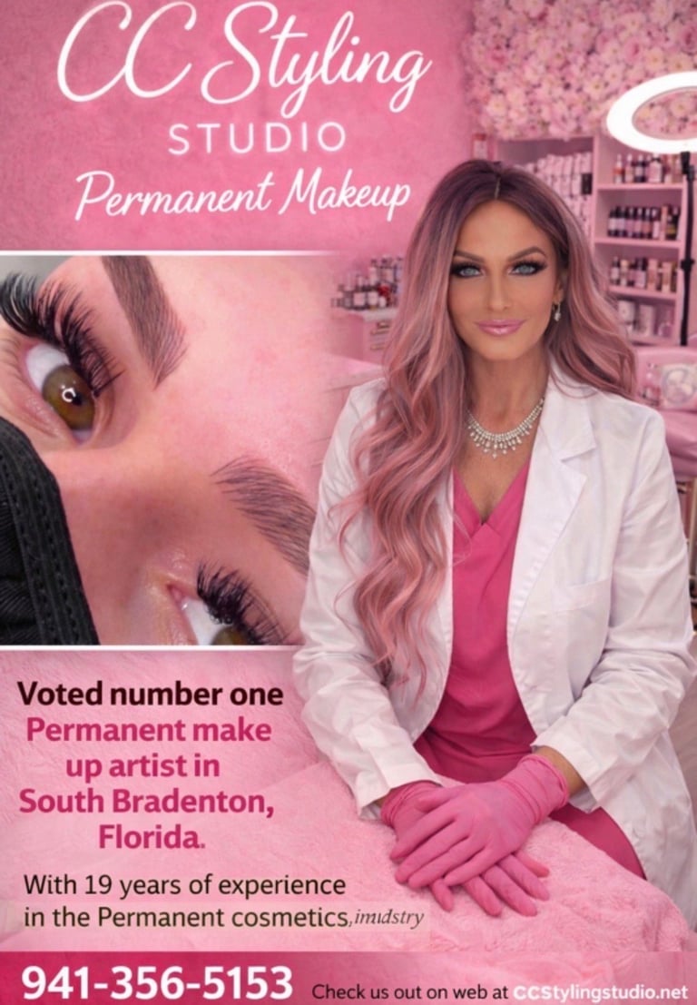 Professional permanent makeup artist at CC Styling Studio in South Bradenton, Florida, wearing white blazer and pink dress with styled hair