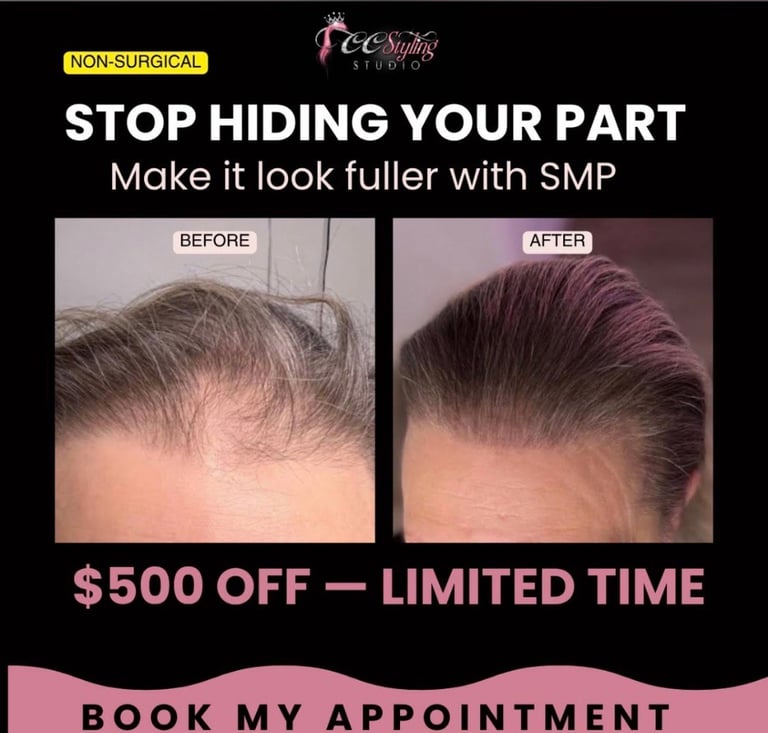 Before and after SMP scalp micropigmentation treatment showing hair density improvement on hairline and crown at CC Styling Studio Bradenton FL