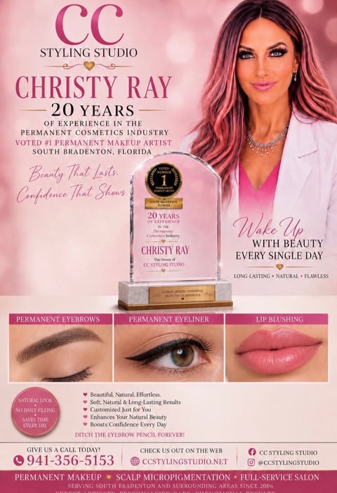 CC Styling Studio promotional poster for Christy Ray, 20 years permanent cosmetics artist, featuring award and makeup services