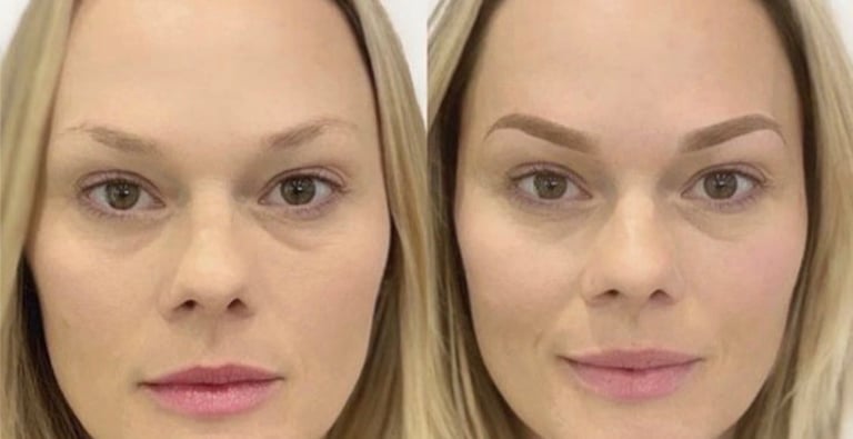 Before and after comparison of eyebrow microblading treatment on a woman with blonde hair