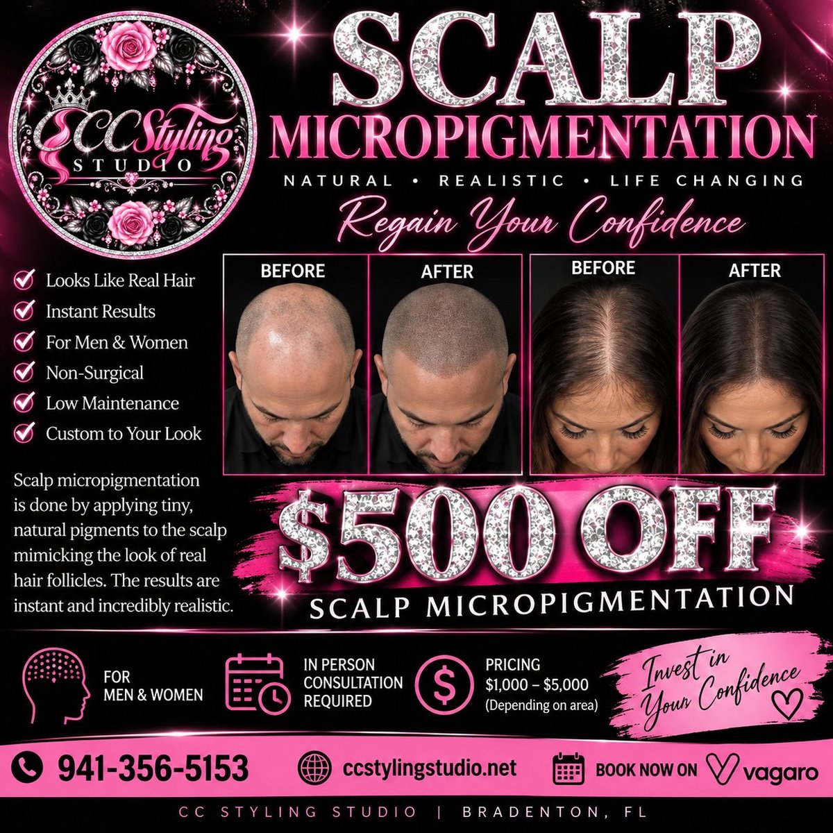 Scalp micropigmentation before and after results — save $500 at CC Styling Studio in Bradenton, FL