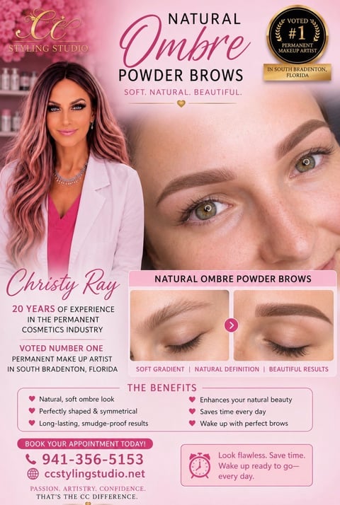 CC Styling Studio promotional flyer for natural ombre powder brows by Christy Ray, featuring before/after eyebrow photos and service details