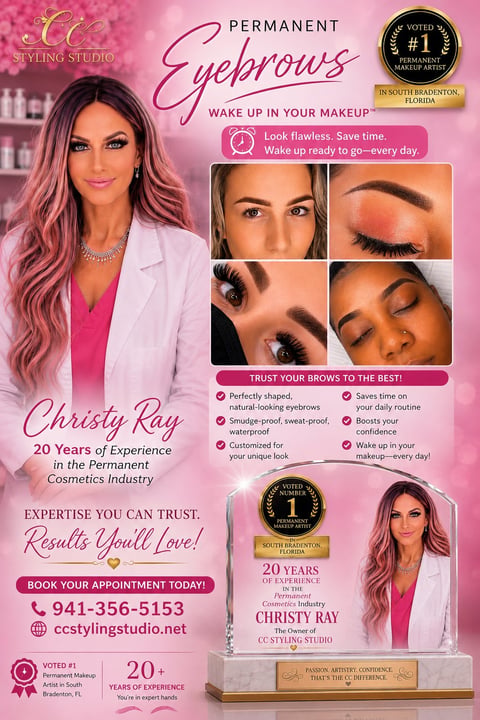 CC Styling Studio permanent eyebrows advertisement featuring Christy Ray with 20 years experience, showcasing before and after eyebrow transformations on pink background