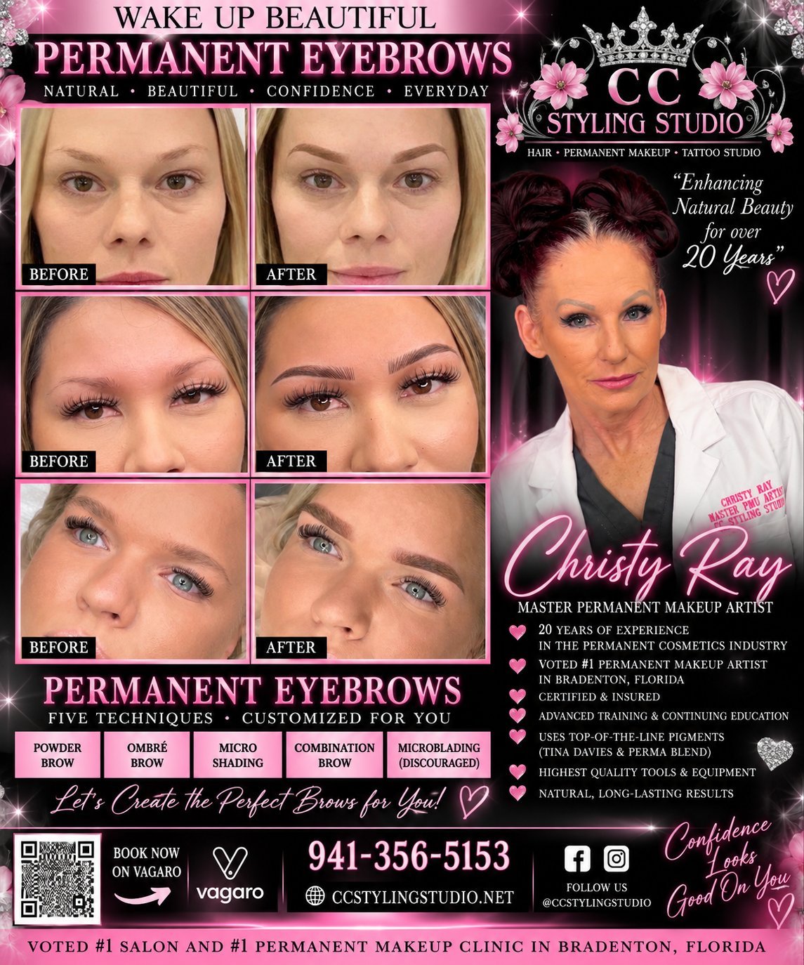 Before and after permanent eyebrows transformations showcasing natural, fuller brows by Christy Ray at styling studio in Bradenton, Florida.