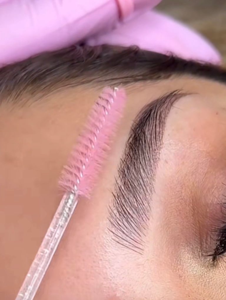 Microshading permanent eyebrow with hair strokes at the front and shading at the end — brow grooming detail at CC Styling Studio in Bradenton, FL